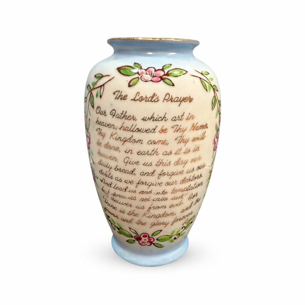 VTG Lord's Prayer Mini Vase Floral Hand Painted Porcelain Blue Gilt Rim Collect‎